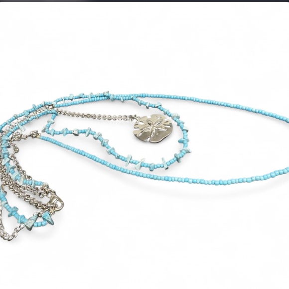 Boho Silver-Tone Sand Dollar and Turquoise Beaded Layered Necklace - Picture 4 of 5